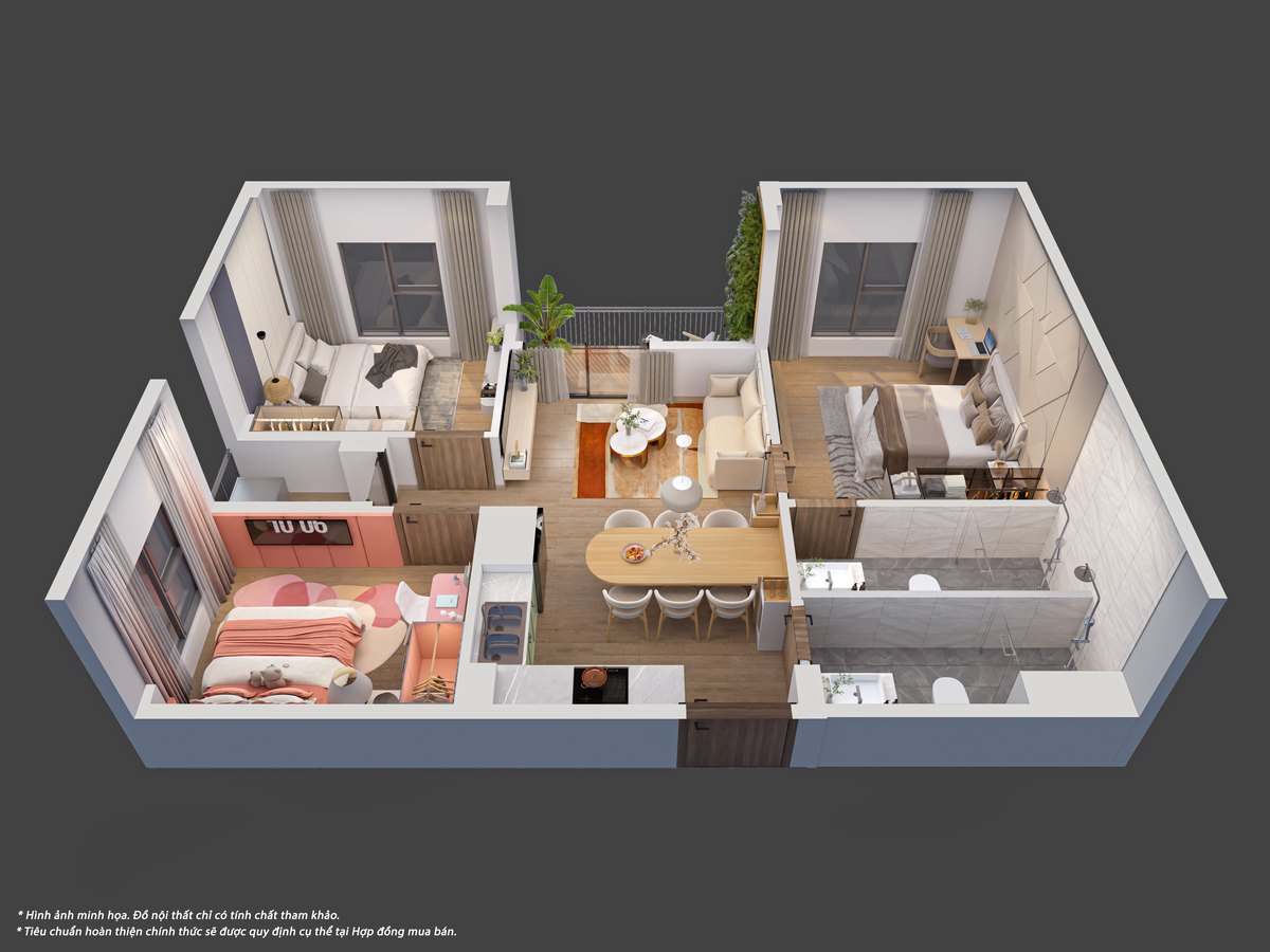 Mặt bằng 3D căn rộng Happy Home Phố Hiến